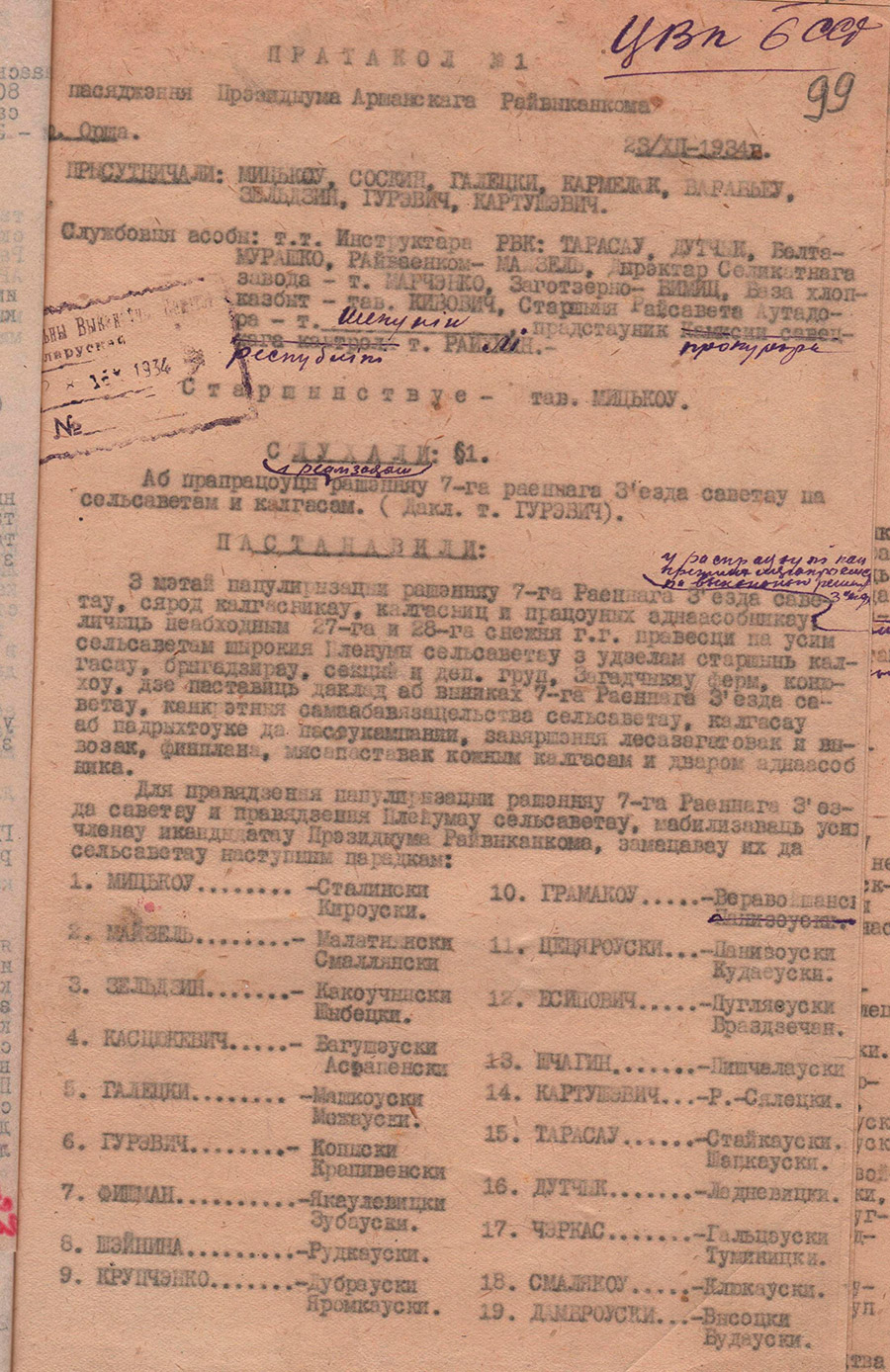 Протокол заседания президиума Оршанского райисполкома от 23.12.1934 №1 о введении в эксплуатацию Оршанского силикатного завода.-стр. 0